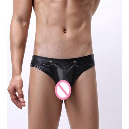 Faux Patent Leather Briefs Men Sexy Buckle Open Pouch Thongs U Convex Underpants Club T-back Panties Low Waist Bulge G-string