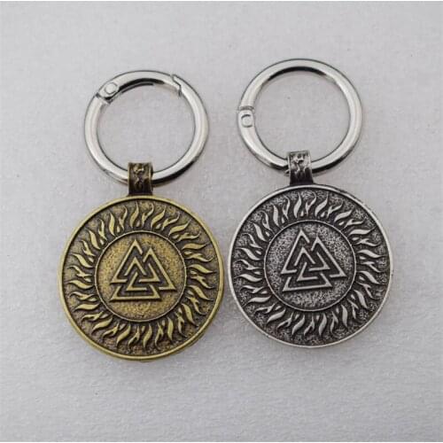 12pcs Triangle Pendant Triple Horn Of Odin Surrounded by flames Keychain Christian Personality Lucky Gift Jewelry