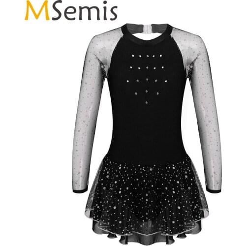 Kids Girls Rhinestone Glittering Polka Dot Ice Skating Roller Figure Skating Dress Long Sleeve Ballet Dance Contemporary Leotard