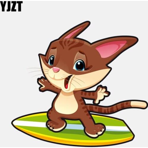YJZT 14.3CM*13.2CM Cartoon Surfing Cat PVC High Quality Car Sticker 11-01088