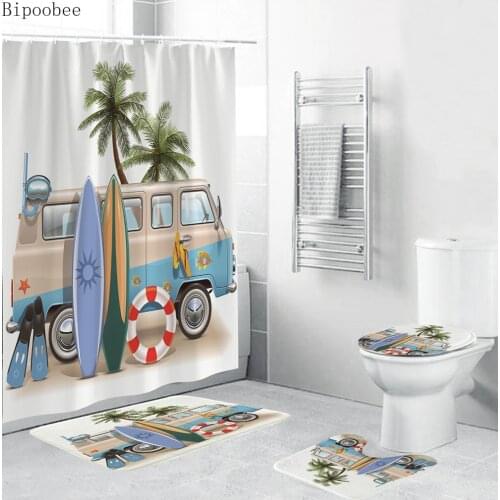 Bipoobee Seaside Vacation Bus Shower Curtain Waterproof Beach Bathroom Curtains Set Non Slip Toilet Cover Rugs Mat with 12 Hooks