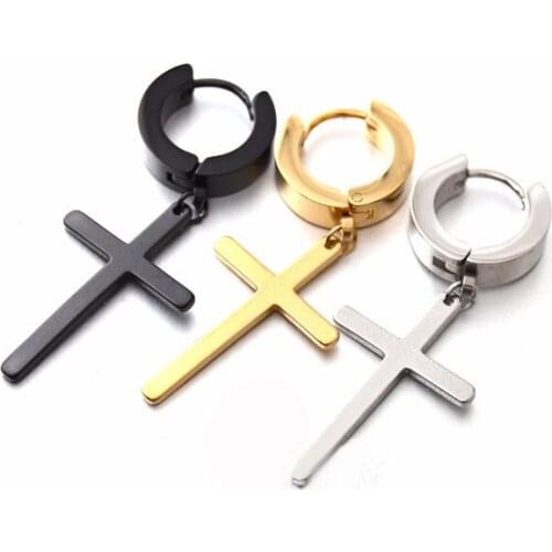 Women Mens Stainless Steel Dropping Earrings Black/Gold/Silver Color Cross Gothic Punk Rock Style Pendientes Jewelry Mujer Moda