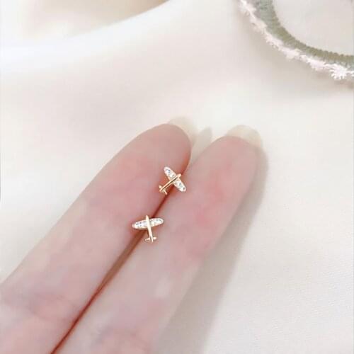 Women Jewelry Small Airplane Earrings 2021 New Small and Exquisite Full Diamond Student Earrings Mini Stainless Steel Earrings