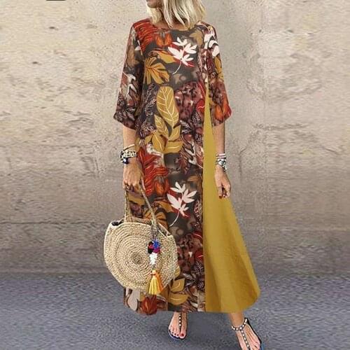 Vintage Floral Printed Women Sundress 2021 Autumn O Neck 3/4 Sleeve Cotton Linen Long Dress Female Patchwork Vestido