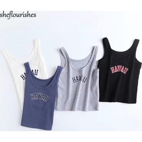 Casual tank top women vintage crop top knit sleeveless tops women 2021 letter embroidered tops basic u neck cropped top white