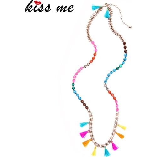 KISS ME Women Bohemian Long Necklace Ethnic Style Colorful Tassel Beads Sweater Chain Necklace Fashion Jewelry
