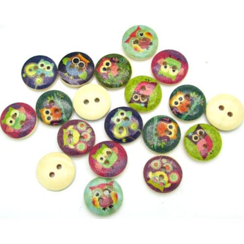 100pcs 15mm Mixed Round Owl Wooden Buttons For Clothes Crafts Sewing Decorative Needlework Scrapbooking DIY Accessories