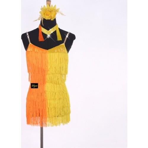Free Shipping Latino Dancing Dresses For Women Tassel Yellow Dress Ladies Adult Professional Salsa Ballroom Dance Skirts 1051