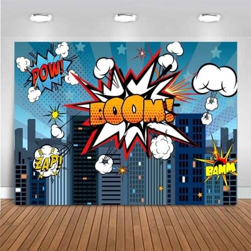 Kids Cartoon Superhero Backdrop Newborn Baby Shower Photo Background Decor Customize City Night Buildings Photography Backdrop