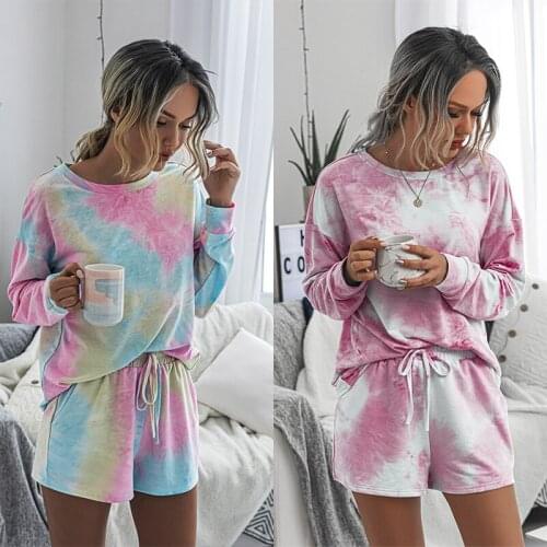 2021 summer children fashion girl suits tie dye multicolor cotton long sleeve pullover t-shirt +casual shorts kids clothes 2 pcs