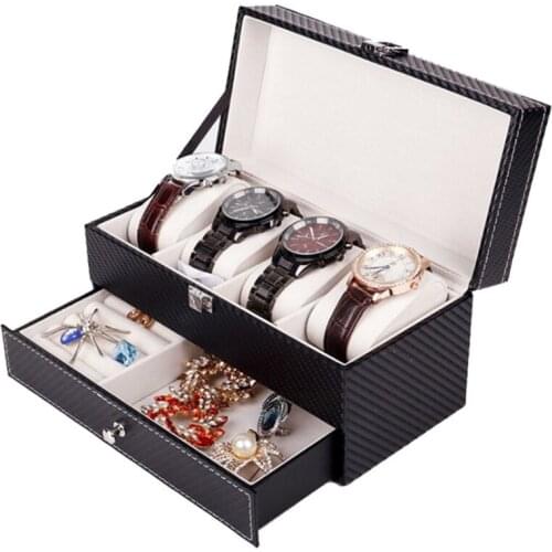 4 Grids Double Layers Watch Box Case Carbon Fiber PU Watch Jewelry Rings Earrings Display Storage Holder Organizer Luxury