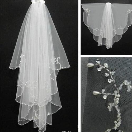 Bridal Veil White Ivory Tulle Short Wedding Veil With Comb Sequin Beaded 2 Layers