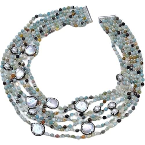 GG Jewelry 7 Strands 22''-30" Faceted Round Amazonite Rhinestone Pave White Pearl Necklace