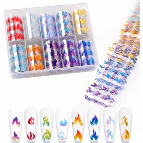 10Rolls Holographic Flame Nail Foils Gradient Coloful Fire Holo Transfer Nail Sticker Water Slide Nail Art Decals Decorations