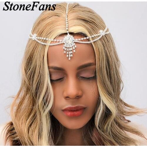 Stonefans Indian Wedding Hair Jewelry Rhinestone Head Chain for Women Bridal Hair Tiara Forehead Chain Tassel Crystal Headband