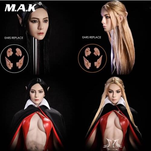 Collectible 1/6 Scale Elf Girl Head Carved Black/Blond Hair Detachable Ears Female Head Model For 12" pale/Suntan Figure Body