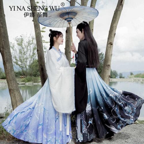 Cosplay Ancient Hanfu Dress Folk Dance Costume Women Men Han Dynasty Princess Fairy Hanfu Couples Oriental Style Dance Clothing