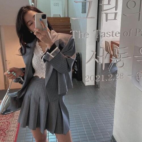 Striped suit retro jacket college style JK uniform + pleated A-line high waist skirt suit