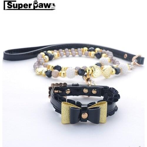 Fashion Pet Dog Bowtie Collar Jeweled Leash Set for Small Medium Dogs Chihuahua Schnauzer Teddy French Bulldog Pug Walking HTL01