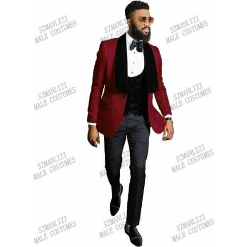 Costume Homme 2021 Burgundy Jacquard Formal Tuxedo 3 Piece Shawl Lapel Wedding Suits For Men Slim Fit Party Groom Suit Best Man