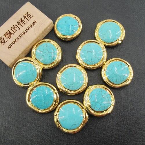 Wholesale 5 PCS Blue Turquoise Coin Shape 24mm Beads Metal Bezel Connector