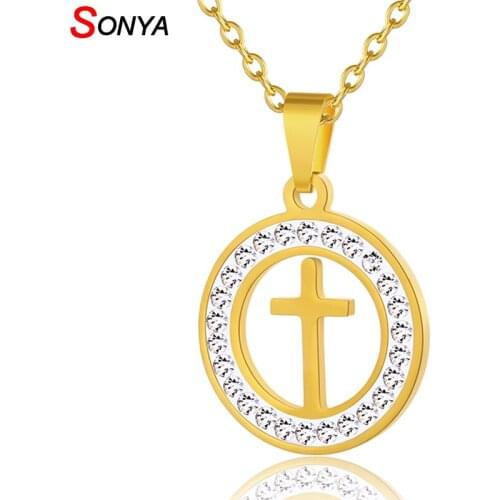 SONYA Latin Cross necklace stainless steel Jewelry Gold/steel Color Crystal Round Men/Women Gift Christian Jewelry Bijoux Femme
