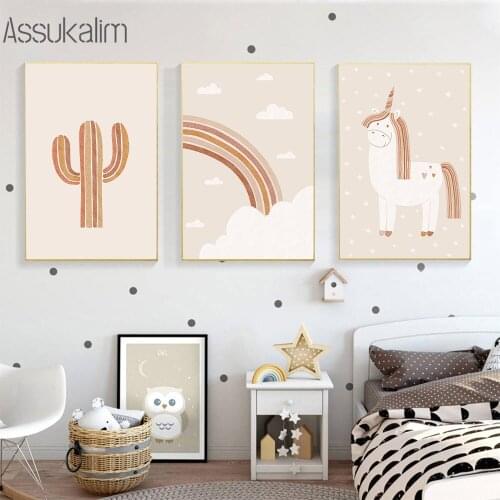 Cactus Poster Alpaca Wall Painting Rainbow Cloud Canvas Print Nursery Wall Art Prints Nordic Posters Boho Child Room Wall Decor