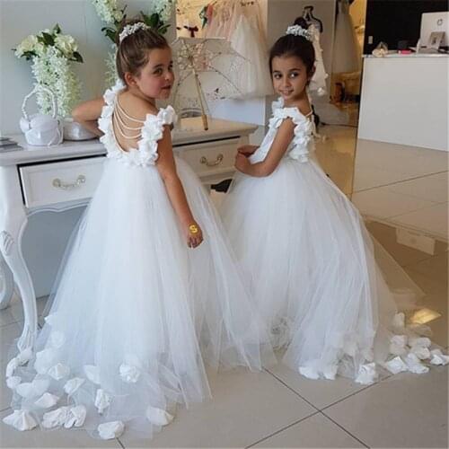 New Gown Princess Flower Girls Dresses Appliques with Beaded Stunning Cute Girls First Communion Dress White