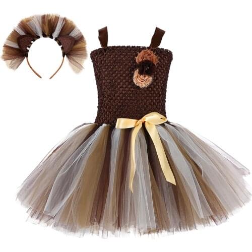 Girl Brown Lion Tutu Dress Baby Girls Birthday Party Dress with Headband Kids Halloween Pageant Perform Animal Cosplay Costume