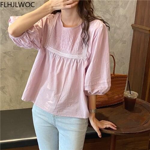 Puffy Shirts Cute Sweet Girls Japanese Style Women Bow Tie Tops Blusas Casual Solid White Ruffled Peplum Blouses