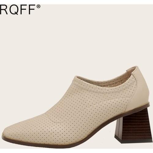 Plus Size 40 41 42 Luxury Genuine Cow Leather Women Pumps Handmade Quality Square Toe High Block Heels Slip on Female Hollow Out