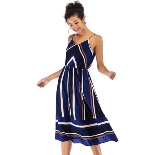 Spring&summer European&USA womens long section V-neck striped color matching strap chiffon Polyester Slim waist A-line dress