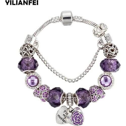 YILIANFEI Heart silver plating pendant Fashion Elegant Charm Bracelets & Bangles with violet Chamilia Beads For Women BT0175