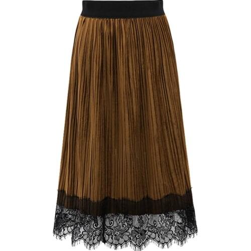 TingYiLi Autumn Winter Velvet Skirt With Lace Gray Khaki Green Black Long Pleated Skirts Womens Korean Fashion Maxi Skirt