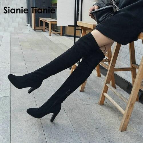 Sianie Tianie 2020 Winter Women Faux Suede Thigh High Boots Over the Knee Boots Stretch Overknee High Heels Boots Woman Shoes