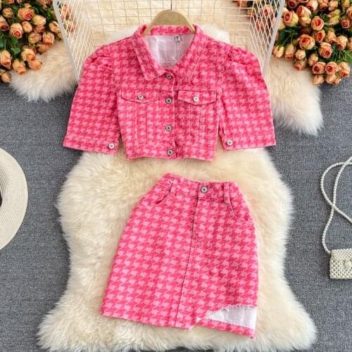 Fashion houndstooth suit women 2021 summer new short-sleeved shirt irregular high-waist half skirt