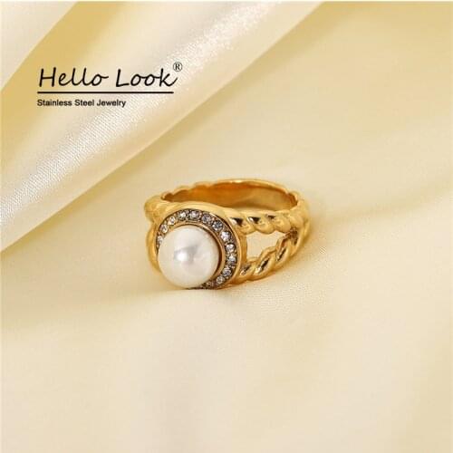 HelloLook Baroque Pearl Rings for Women 18K Gold Plated Stainless Steel Rings Luxury Zircon Wedding Ring