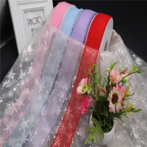 25 Yard 40mm Printed Lace Edge Organza Ribbon Wedding Christmas Party Decor DIY Bow Hair Bow Accessories Christmas Gift Wrapping
