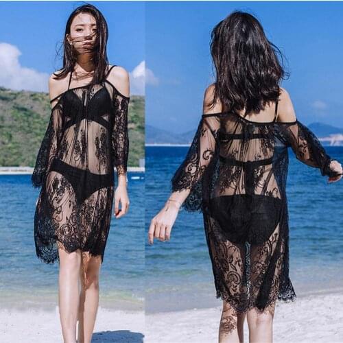 50% Wholesales Sexy Women See Through Tulle Cold Shoulder Coverup Sunscreen Dress Bikini Cover