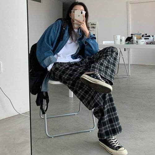 Casual Plaid Pants Women Super Wild Loose Wide Leg Trousers High Waist Fashion Fitness Pants Harajuku Hip Hop Bottoms Streetwear