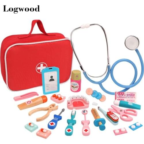 Wooden Children Simulation Doctor Nurse Toy Suit Real Life Injection Role Playing Toy Educational Toys for Children Cloth Bag
