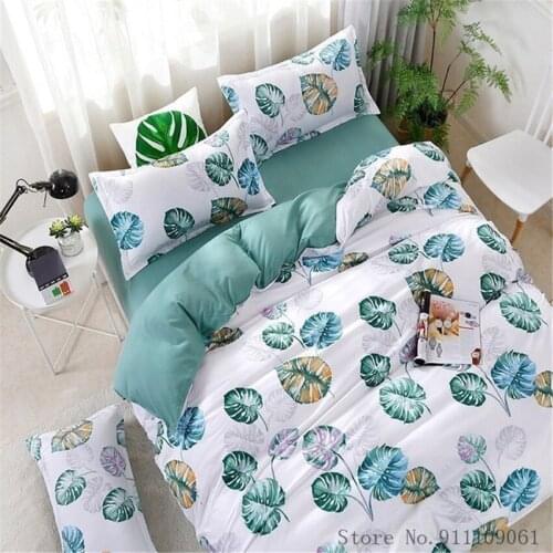 Home Textile Single Double Size Bedding Set Leaf Cyan Pattern Duvet Cover Pillowcase Sheet Children and Adult Linens Bedclothes