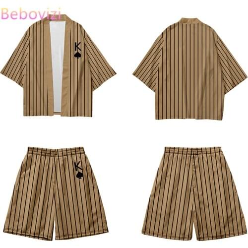 Two-piece Suit 4XL 5XL 6XL Loose Stripe Japanese Cardigan Women Men Cosplay Khaki Yukata Harajuku Samurai Kimono Shorts Sets