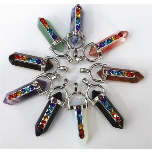 Natural Stone Pendant Seven Chakras Hexagonal Cylindrical Double Cone Pendant Necklace Girl Fashion Couple Necklace