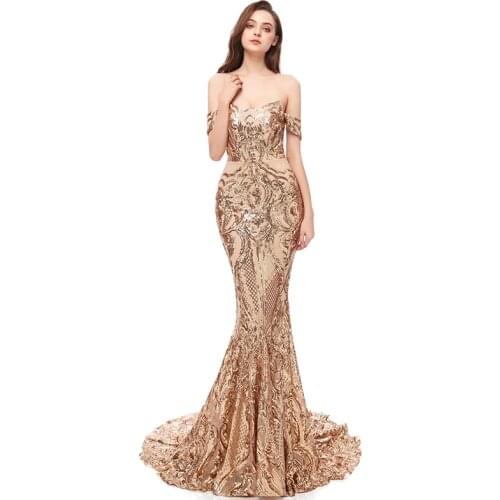 2020 Best Selling Off Shoulder Sequin Lace Rose Gold Mermaid Girls Prom Party Evening Dress Long Gown