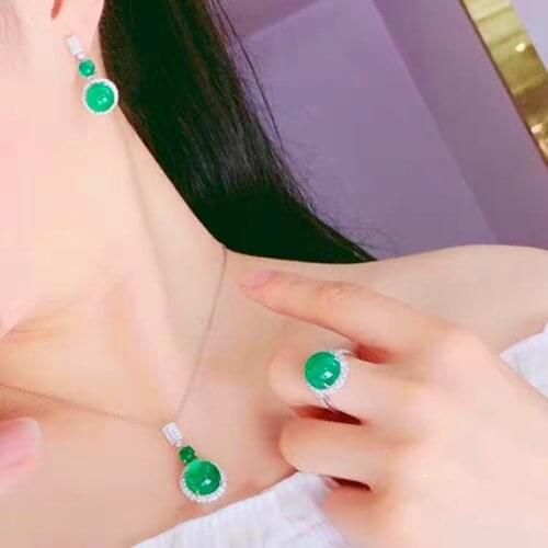 Jadery 925 Sterling Silver Jewelry sets Natural Green Jade Rose Gold Necklace/Earrings/Ring Women Fine Jewelry Christmas gift