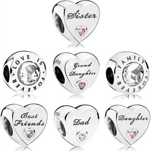 Original Dad Grandmother Sister Love Heart With Crystal Bead Charms Fit Europe Bracelet 925 Sterling Silver Bead DIY Jewelry