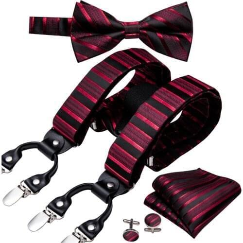 Suspender for Men Silk Tie Stripe Red Bowtie Set Cufflinks Elastic Wedding Suspenders Bow Tie for Christmas Party Barry.Wang
