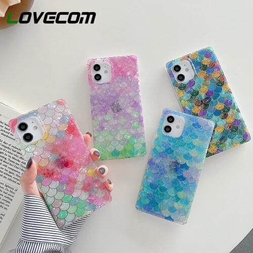 Square Luxury Mermaid Electroplated Fish Scales Phone Case For iPhone 11 12 Pro Max XS Max XR 7 8 Plus Soft Dream Shell Cover