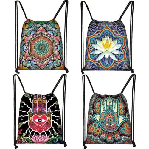 Hamsa Fatima Hand / Mandala Flower Backpack Women Travel Bag Ladies Canvas Storage Bag Girls Drawstring Bag Bookbag Shoes Holder